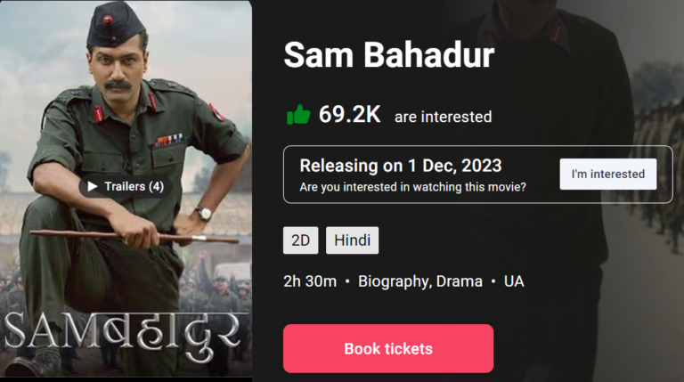 Sam Bahadur Movie Tickets Booking